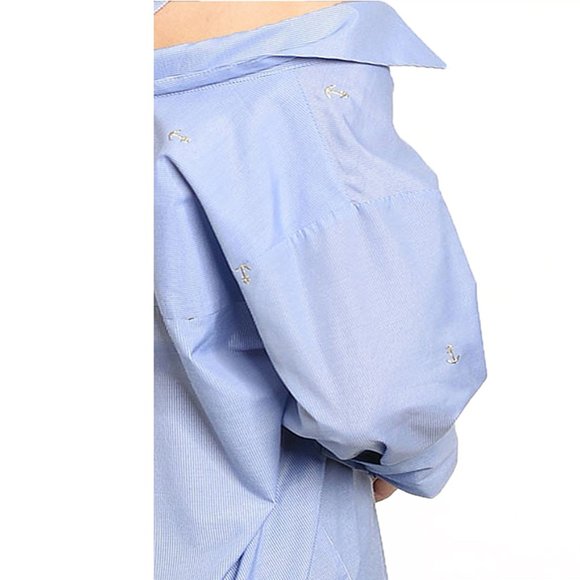 Embroidered Off Shoulder Straps Striped Poplin Top - Picture 5 of 9